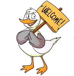 Gabbiano mascotte con cartello Welcome